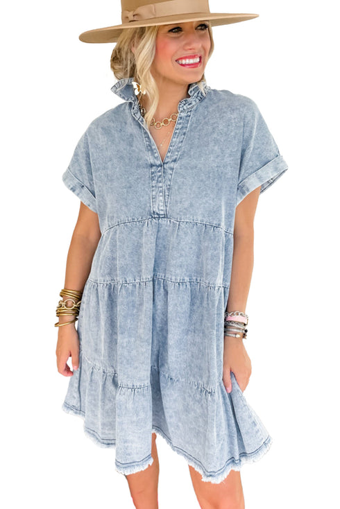 Blue Acid Wash V Neck Tiered Denim Dress
